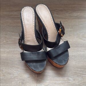 Charles David Black Platform Sandals with Gold Buckle